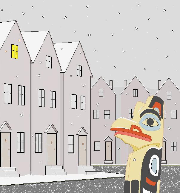 Raven totem gazes at light in townhouse upper window in first snowfall