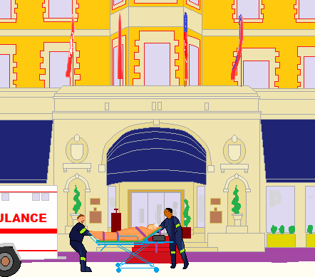hotel exterior with ambulance and paramedics