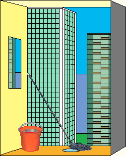 Condo mop and pail Mop leaning on wall