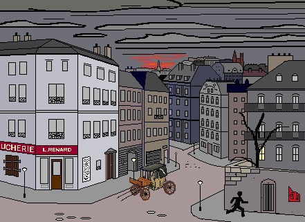 Paris under siege Drawing of Paris street and rooftops with bombardment in distance