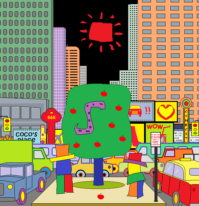 Urban plaza with tree and bylaw sign-post