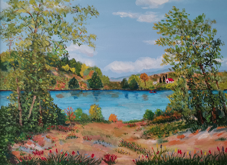 distant boaters on serene lake on early summer day