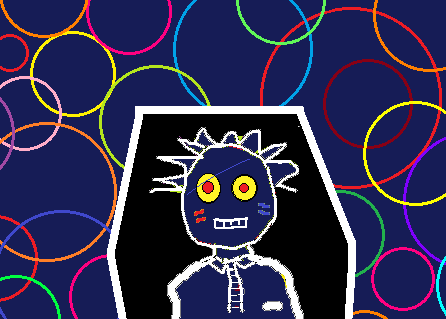 frazzled cartoon cadavre on op-art background