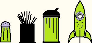 a salt shaker, a stir-stick container, a sugar shaker, and a miniature rocket ship are lined up as on a table top